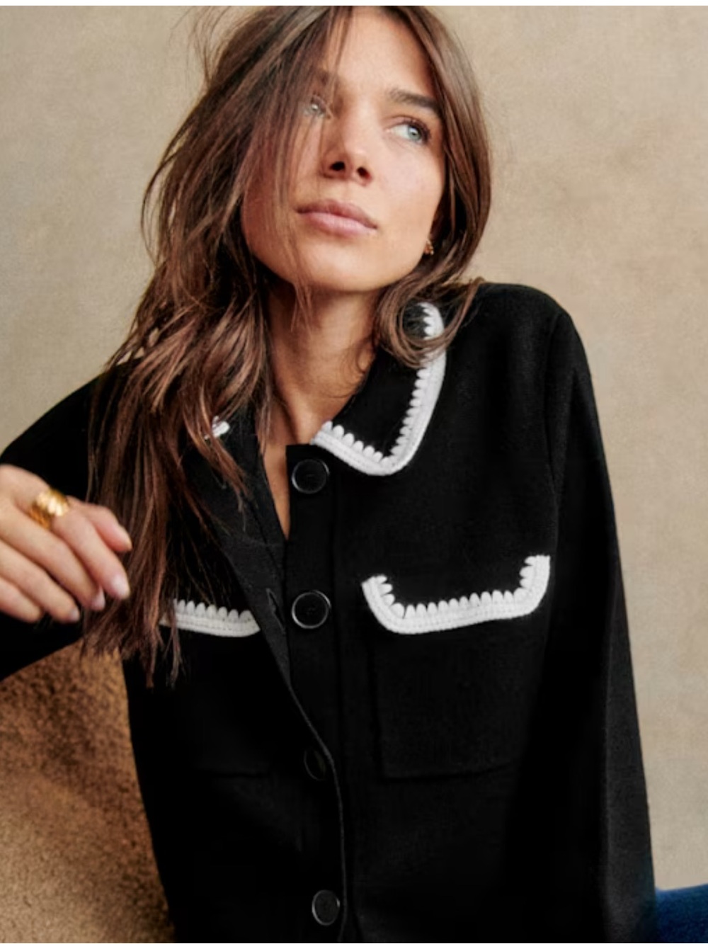 Wayf Black Knit Cardigan with WhiteTrim